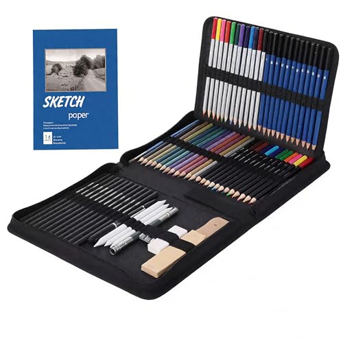 Conjunto de 71 peças de material de artes e kit de desenho - Conjunto completo de lápis de arte: Grafite, colorido, metálico, carvão, aquarela, apontador, borracha e muito mais