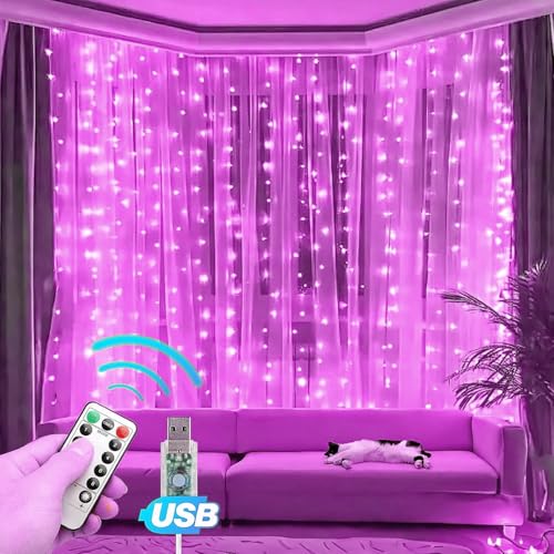 Image of MIRADH 300 LED Fairy Curtain String Lights - USB Powered Remote-Controlled Backdrop, Warm Ambience for Diwali, Navratri, Christmas & New Year Decor, (Pink)