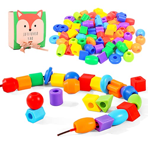 KUTOI Plastic Lacing Beads for Kids with Fun Shapes Long String and Brilliant Colors Educational Occupational Therapy Toys-Fine Motor ToysMontessori Toy for 3 Year Old and Above70 pcs