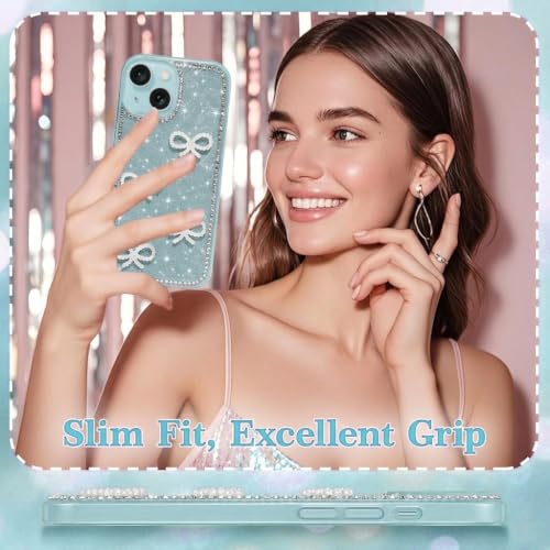 Image of DIZORO Compatible for iPhone 13 / iPhone 14 Cover 6.1, Luxury Diamond Cute with Bow Glitter Bling Case with Full Camera Protection PC+TPU Glossy Shiny Back Cover Case for Girls Women (Green)