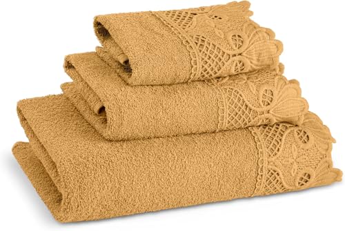 3 Piece Laced Bath Towels Set for Bathroom Bath Hand & Wash Cloths Decorative Stylish Plush Cotton Washcloths - Showering Face & Body Washing Airbnb Essentials & Host Accessories Gold