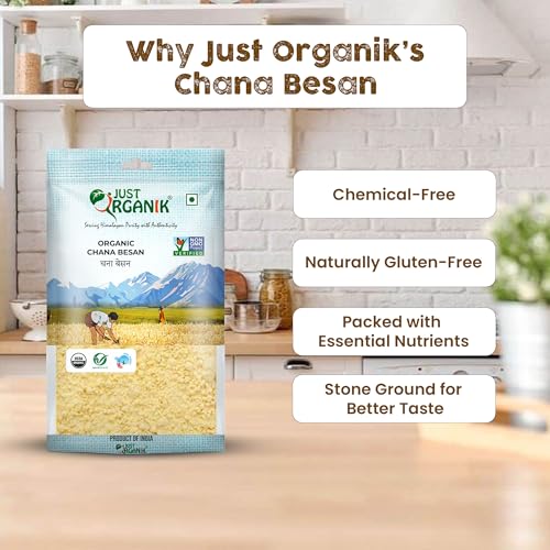 Image of Just Organik - Organic Chana Besan 2 Kg, (4 x 500g), certified Organic | pack of 4 | Gram flour | chickpea flour | bengal gram Fine besan