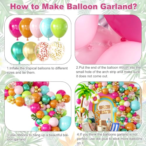 Image of 146PCS Tropical Balloon Arch Garland Kit, Olive Green Hot Pink Orange Rose Gold Confetti Balloons For Hawaiian Luau Aloha Flamingo Party Decorations Birthday Summer Beach Supplies