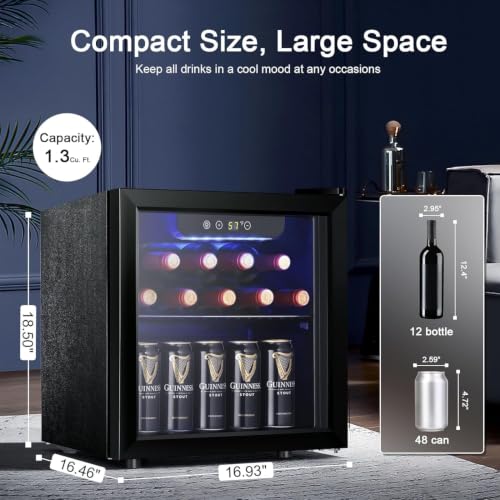 Image of Antarctic Star 12 Bottle /48 Can Wine Cooler /Cabinet, Mini Drink Fridge, Clear Front Glass Door Counter Top Red Cellar Beer Soda Bar Quiet Compressor LED Display 1.3 cu.ft. Black