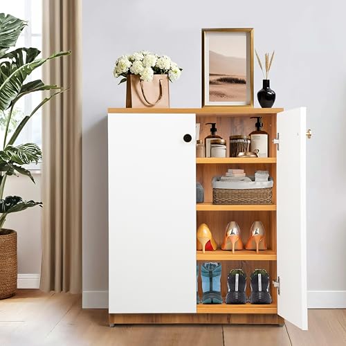 Image of Shoe Storage Cabinet with Doors, Engineered Wood Wooden Shoe Rack Organizer for 8-12 Pairs, Space Saving Shoe Cupboard for Entryway, Bedroom, Living Room, Hallway(SHEESHAM&White 4 Shelf)