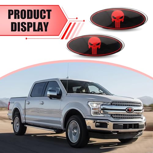Image of 2 PCS Ford Front Grille Decoration Label, 9 inch x 3.5 inch Waterproof Rust-Proof Grille Hood Badge, Personalized Skull Self-Adhesive Nameplate, Compatible with Ford F150 F250 (Black & Red)