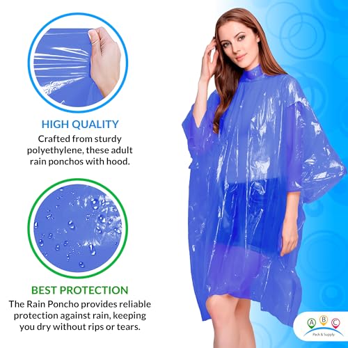 Image of ABC PACK & SUPPLY Disposable Rain Ponchos for Adults, Blue Hooded Rain Poncho, One Size, Polyethylene 0.02mm, Individually Wrapped, Bulk Pack of 200