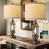 G-SAFAVA 23.75'' Table Lamps Set of 2 for Living Room Bedroom Industrial Farmhouse Metal Touch Lamps with USB A+C Ports, Night Light Vintage Nightstand Bedside Lamp, Bulbs Included, Bronze
