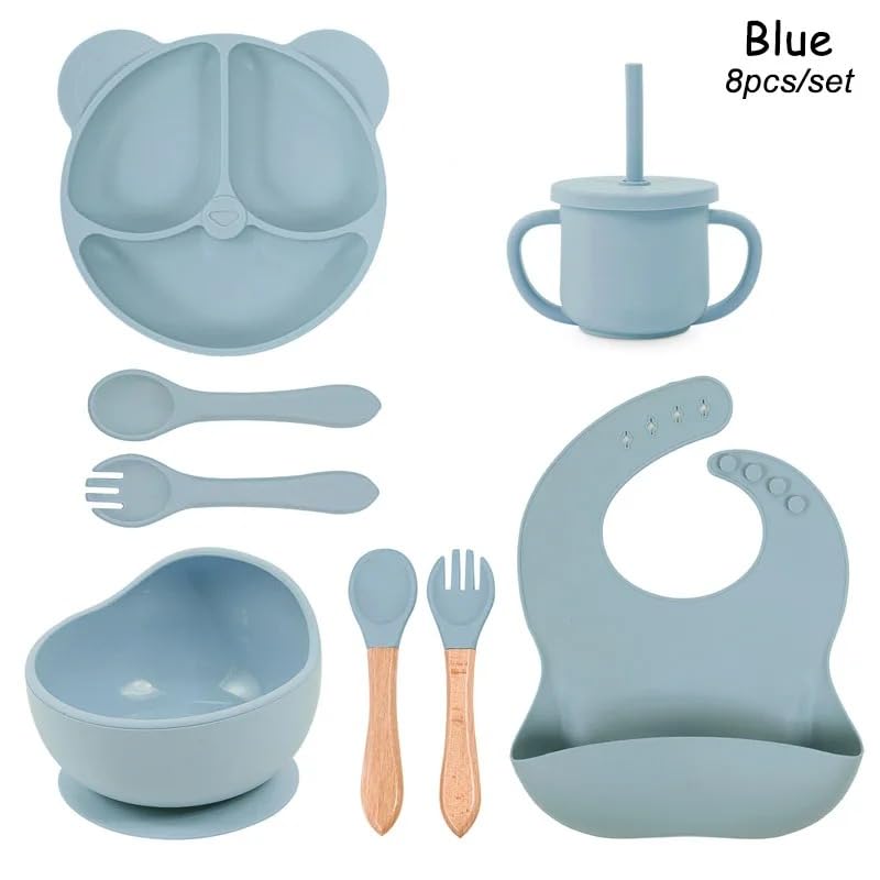 Personalized Baby Name Panda Ear Bear Feeding Set 8Pcs, Custom Name Baby Silicone Weaning Set, Feeding Set With Name BPA Free