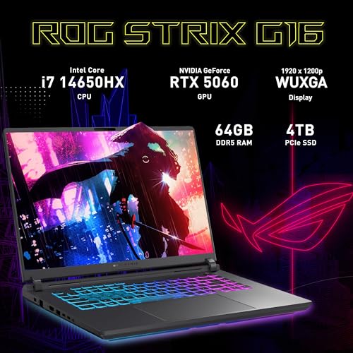 Image of ASUS ROG Strix G16 16 inch FHD+ 165Hz Gaming Laptop, Intel i7-14650HX (Beats Intel i9-13900), GeForce RTX 5060, 64GB DDR5 RAM, 4TB SSD, Backlit Keyboard, Wi-Fi 7, Gray, Win 11 Pro, 1TB Docking Station Set