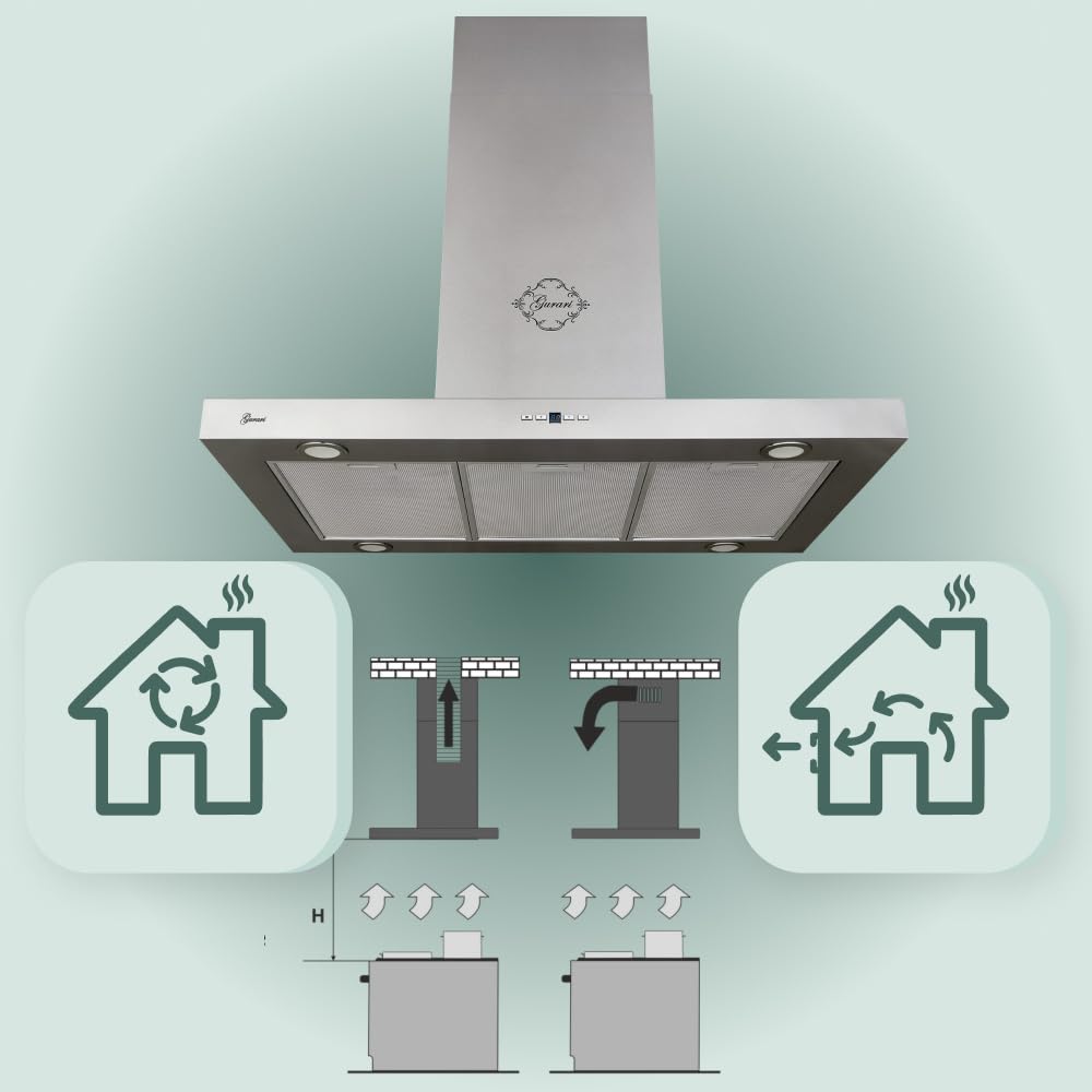GURARI GCH I 431 90 IS PRIME - Cappa aspirante a isola, 90 cm, 1000 m³/h, in acciaio inox, telecomando, 4 LED da 1,5 W, con kit di ricircolo