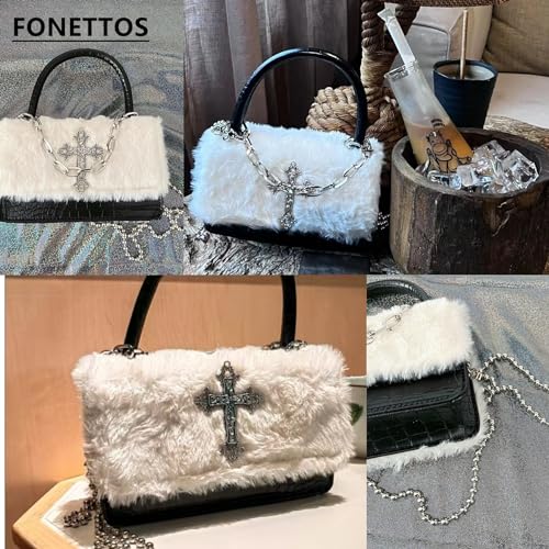 Y2K Gothic Punk Handbag Indie Cross Studded Shoulder bag for Egirl Woman Kawaii Purse Cool Girl Crossbody Fluffy Bag 5