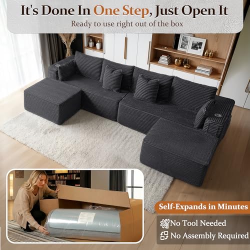 Image of 138 inch Cloud Sectional Couch, Comfort U Shaped Sofa for Living Room, Extra Deep Seats No Assembly, Minimalist Modular Couch, Corduroy (Dark Grey, 6 Seats,U-Shape A)