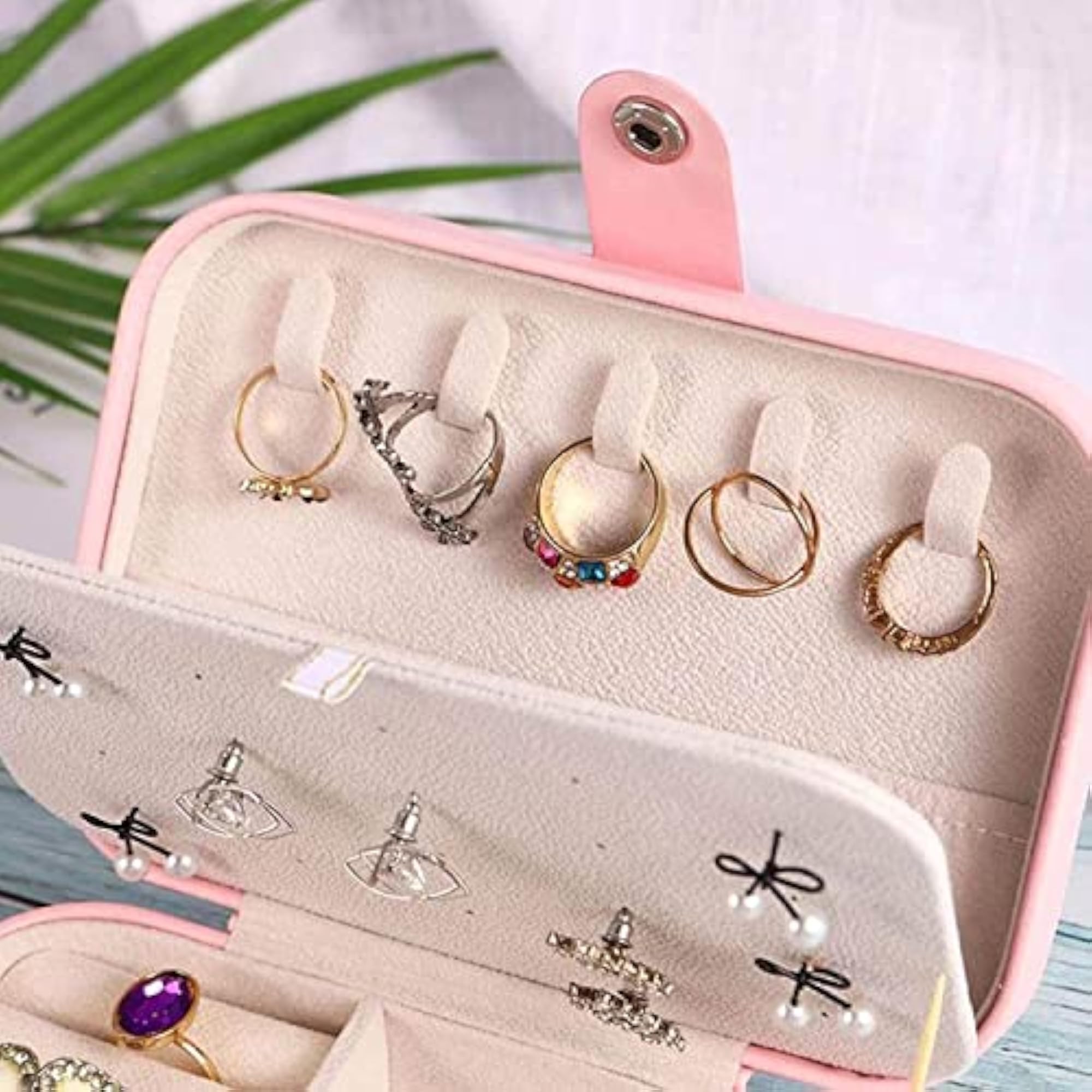 Jewelry Storage Box with Dividers, Pink PU Organizer