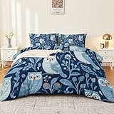 Reversible Printed Duvet Cover Twin XL Size, Cartoon Owl Plants Pattern Soft Microfiber 3 Piece Bedding Set with Zipper Ties - Blue Quilt Covers Set with 2 Pillowcases for Him and Her 68' x 90'