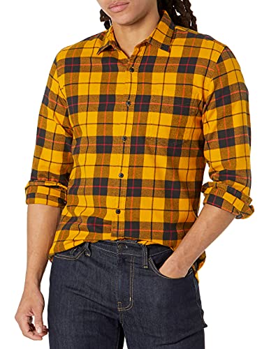 Amazon Essentials Men's Flannel Shirts Long Sleeve, Slim-Fit Button Down Plaid, Black Yellow Plaid, Medium