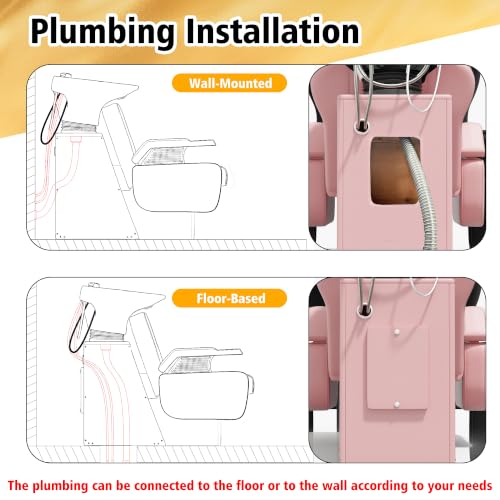 Image of KIGOTY Hair Washing Station,Salon Shampoo Backwash Units for Hairdressing | Pink-Black,Backwash Shampoo Sink Chair,Adjustable Ceramic Bowl, Shampoo Bowl Sink,PU Leather