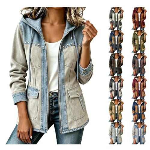 JiXiang Lightweight Jacket Women Patchwork Zip Up Dressy Coats Long Sleeve Button Flap Pockets Western Oversized Outerwear - image 1