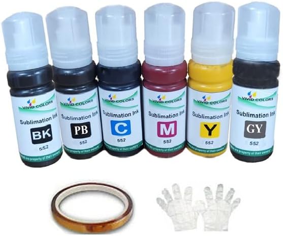 VC T552 552 Dye Sublimation Ink 100ml /per Bottle Refill Bottle for ET-8500 ET-8550 Printers Heat Press Transfer on DIY Mugs Plates T-Shirts (6 Pack) Super Tank Printer