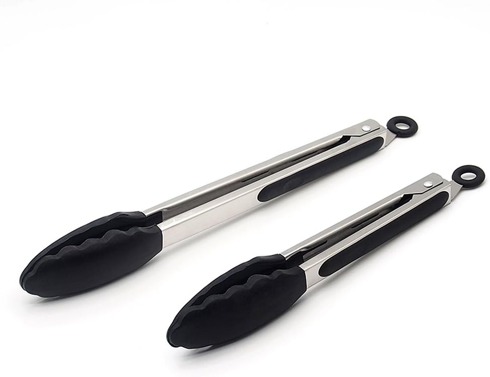 Attac Kitchen Premium Silicone Tongs 2 Pack (9 inch + 12 inch), Smart Locking Clip, Stainless Steel Food Tongs for Cooking, Serving, Barbecue, Buffet, Salad, Ice, Oven (Black)