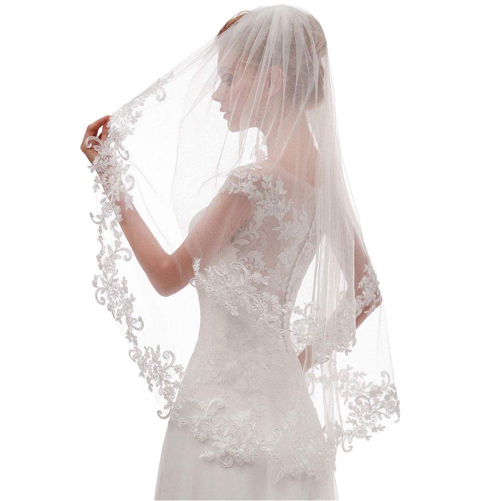 Velo da sposa corto in pizzo boho, velo elegante in perle, velo da sposa al gomito, velo da cattedrale in pizzo, velo floreale vintage, velo da sposa in tulle morbido
