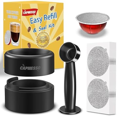 CAPMESSO Reusable Vertuo Pod Refill Kit, Faster Seal Reusable Nespresso Vertuo Pods with Fill & Press Brush,100pcs Aluminum Foil Lids for Refillable Nespresso Pods Vertuo Cover