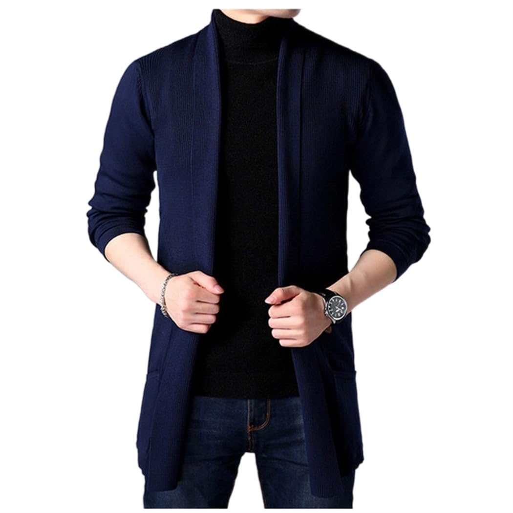 Wekumgy Men's Shawl Collar Cardigan Long Sweater Open Front Knit Comfort Sweater Casual Pocket Warm Sweaters Navy