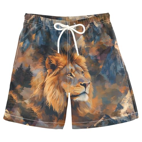 Boys Beach Board Shorts Lion Portrait Mountain Swim Trunk Teen Swimwear 8-16Y
