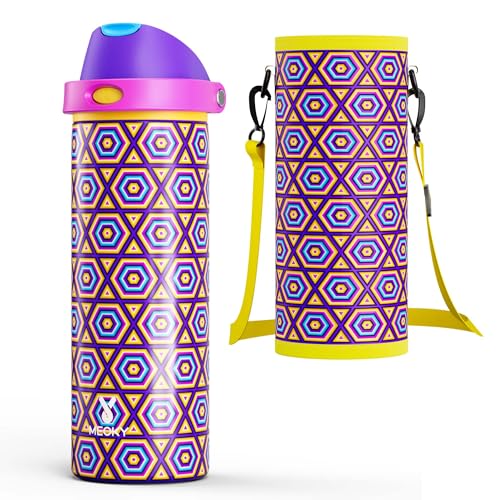 Image of 24 oz Insulated Water Bottle for Women: Meoky Stainless Steel Water Bottle with Holder and Shoulder Strap - Leak Proof, Cold for 24 Hours, Protective Silicone Base, BPA-Free for Travel Gym, Neon Beat