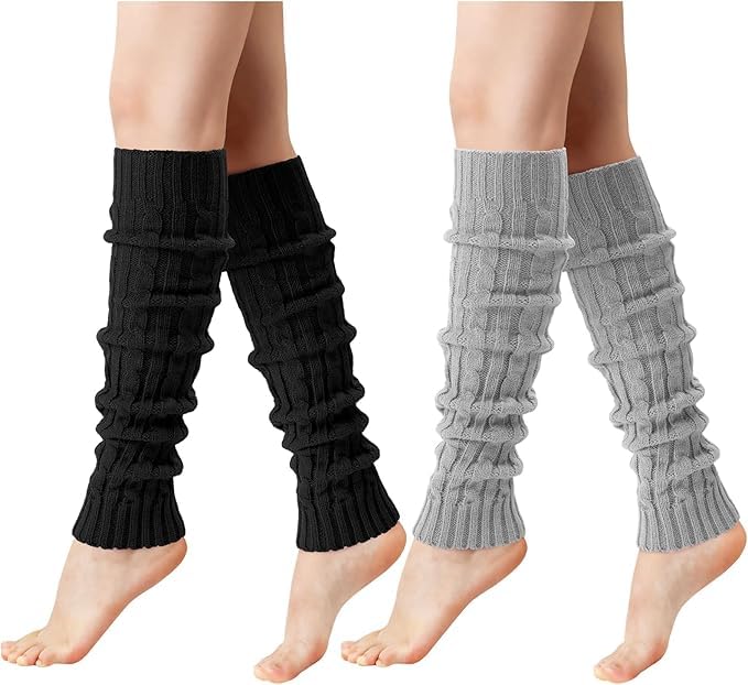 Boolygo Leg Warmers for Women - 2 Pairs Fashion Cable Knit Warm Leg Warmers 80s Accessories for Party Sports Yoga (Black&Gray One Size)