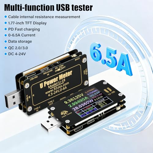 Image of Diymore 2 in 1 USB C Tester Type C Power Tester DC 4-24V 6A 1.77-inch Multi-Function Voltage and Current Meter QC /PD Protocol Trickle Charger Quick Charge