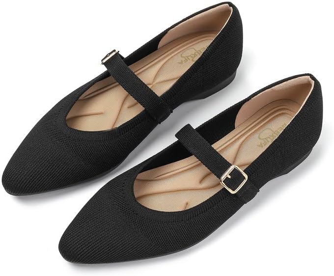 Women's Pointed Toe Knit Mary Jane Ballet Flats for Office Casual Wear Stretchy Dressy Slip-On Shoes with Arch Support - Image 5