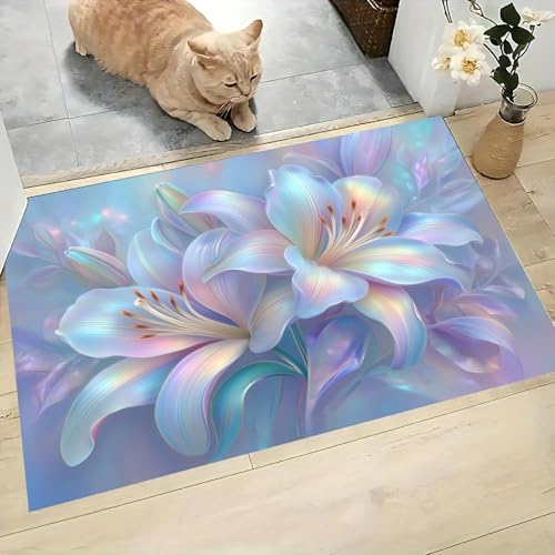 Paillasson d'entrée fleurs 3D bleu-violet tapis absorbant antidérapant de 60x90cm