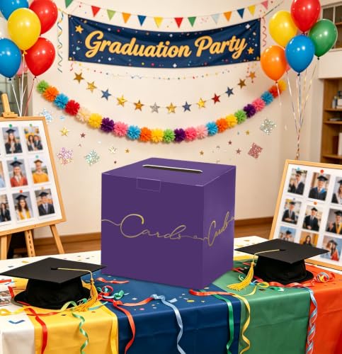 Image of HEIPINIUYE Purple Wedding Card Box with Gold Foil 9.8 inch x 9.8 inch Purple Large Gift Card Box for Party Wedding Reception Graduation Birthday Baby Shower Cardboard Raffle Envelope Box with Slot
