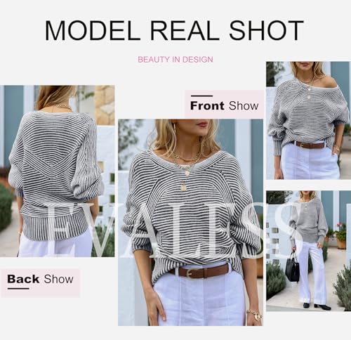Image of EVALESS Striped Sweaters for Women Boat Neck Batwing Sleeve Oversized Pullover Sweater Tops Womens Fall Clothes Outfits
