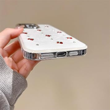 かわいいチェリーパターン きらめくパウダーフォンケース、隆起したカメラ保護 ソフト スリム TPU 耐衝撃保護電話カバー iPhone 16用 - クリア