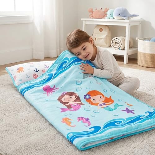 Image of EVERYDAY KIDS Toddler Nap Mat with Removable Pillow -Underwater Mermaids- Carry Handle with Fastening Straps Closure, Rollup Design, Soft Microfiber for Preschool, Daycare Sleeping Bag, Ages 2-6 years