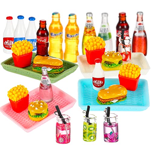 28 Pieces Dollhouse Fast Food Set Mini Food Drink Miniature Food Toys Mixed Dollhouse Miniature Food Resin Hamburger Fries Milk Juice Pretend Play Tiny Food Toys for Mini Dollhouse Accessories