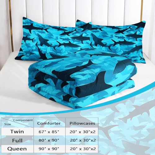 Image of AILONEN Blue Shark Queen Comforter Set, Ocean Camouflage Artwork Home Ensemble, 3 Piece Microfiber Down Alternative Fill for Couples Family Guests
