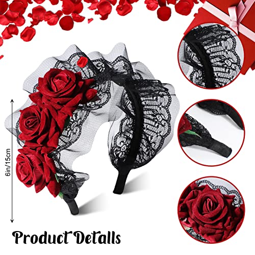 MWOOT Women Red Rose Headband, Floral Headpiece for Halloween Costumes Mexican Day of The Dead Hair Decor - Image 3