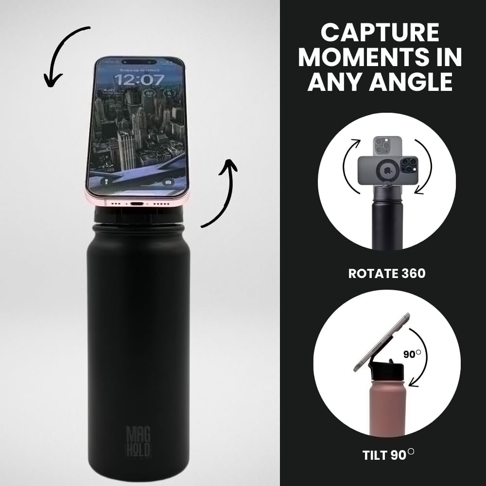 27oz Stainless Steel Water Bottle with Magnetic Phone Holder, Compatible with Tripod Mount for iPhone, Double-Walled Insulated Tumbler for Gym and Sports (Black) - Image 8