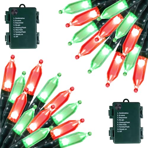 Image of Brightown Battery Operated Christmas Lights 2 Pack 18 Feet 50 LED Clear Mini String Lights with 8 Modes Waterproof Tree Lights for Xmas Outdoor Indoor Holiday Party Garden Decor, Red & Green