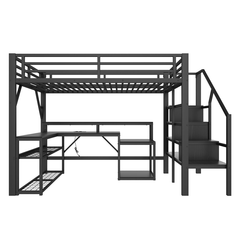 Sapgaks Lit Mezzanine 1 Place Enfant 140 x 200 cm avec éclairage LED et Port USB,lit Mezzanine avec Bureau lit superposé Enfant,lit Mezzanine escalier avec Espace de Rangement,Noir
