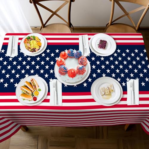 Image of Childom 2 Pack Patriotic Tablecloths,Patriotic Decorations 54 inch x 108 inch Disposable American Flag Tablecloths for Event,Party Table Cloth Plastic for Veterans Day,4th of July,Picnic,Dinner,Party Supplies
