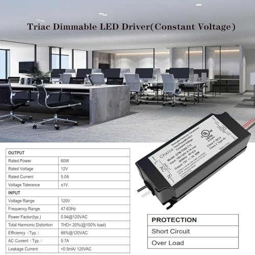 Image of 60W 12V Dimmable LED Driver, Triac /Phase /ELV /MLV Dimmable Power Supply, Compatible with Lutron and Leviton Dimmer, AC to DC Transformer for LED Light,UL Listed, Class 2