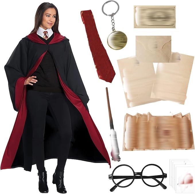 Amazluck Magic Robe Zauberer-Kostüm für Erwachsene Umhang Cosplay mit Zauberumhang Rote Krawatte Zauberhut Zauberstab Brillengestell für Halloween Karneval Verkleidung Party Fancy Dress