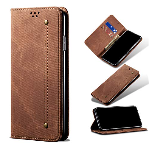 Image of PUDINI Luxury Denim Leather Finish Flip Cover for iQOO 7 Legend 5G Wallet Case Cards Slot with Magnetic Closer, Kickstand Flip Cover, 360 Protection - Brown