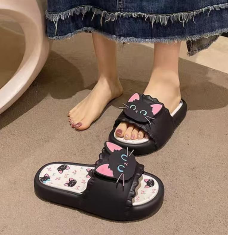 Cute Black Cat Summer Slides, Indoor Outdoor Slippers with Cat Face Design, Black and Pink4