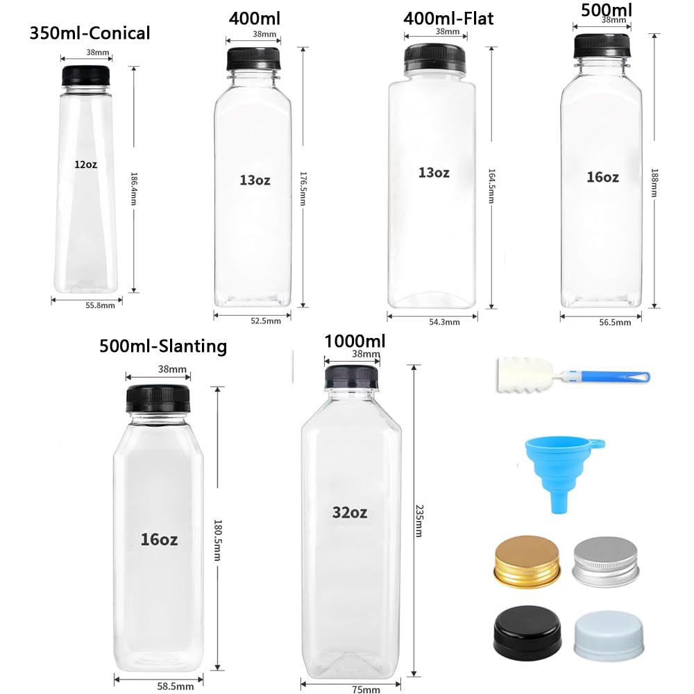 50 bottiglie vuote in plastica trasparente, riutilizzabili, per succhi di frutta, con tappo a vite, contenitori da viaggio con imbuto, riutilizzabili, per acqua, frullati e latte (1000 ml, tappo nero