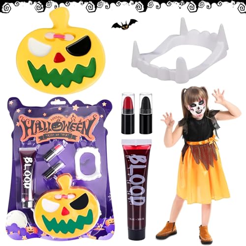 Maquilhagem Halloween kit crianças, dentes vampiro criança, maquilhagem halloween crianças, sangue falso, dentes de vampiro, maquilhagem para Halloween, pinturas faciais para crianças, para o